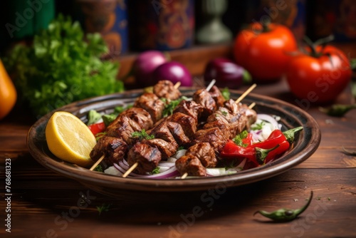 Delicious kebab in a clay dish against a colorful tile background