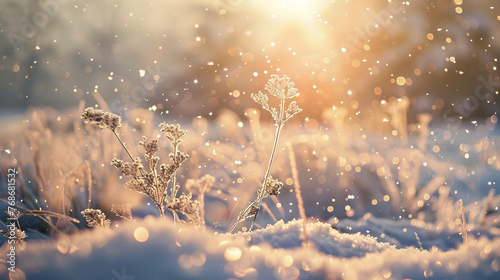 A tranquil winter scene as the golden hour sun illuminates frost-covered plants, creating a warm, sparkling ambiance
