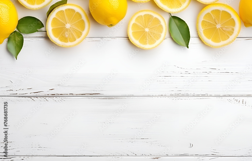 fresh lemon fruit slices with leaves on white wooden table backg fresh lemon fruit slices with leaves on white wooden table backg