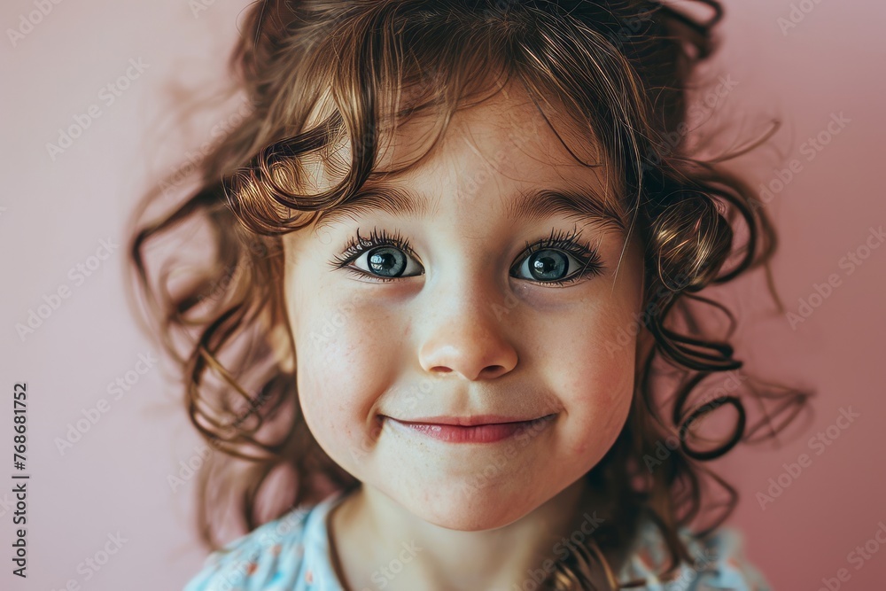 Portrait of a beautiful little girl with curly hair on a pink background