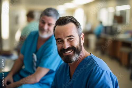 A male doctor with a warm smile walking in a hospital corridor.