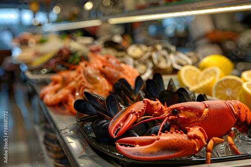 seafood on a plate with lobster, crab, mussels, prawns, salmon