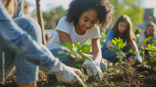 Group of young people plant trees, help preserve the earth, ecological restoration
