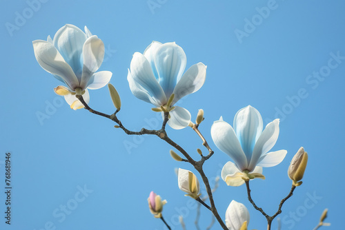 Blue magnolia springtime growth against blue sky, blooming flowers with white petals beauty (2)