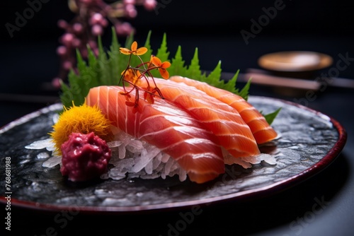 Refined sashimi on a rustic plate against a colorful tile background