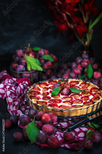 Fresh homemade plum tart or cake on dark background