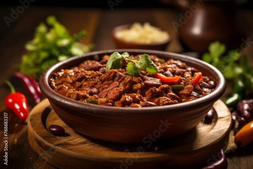 Tempting chili con carne on a wooden board against a colorful tile background