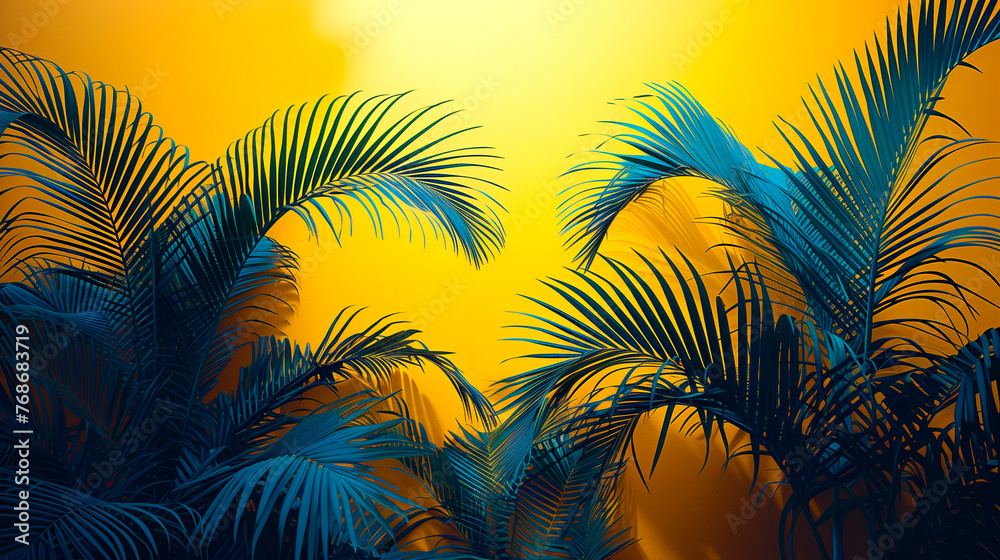 Vibrant blue palm leaves contrasted against a golden yellow background, invoking a tropical feel.