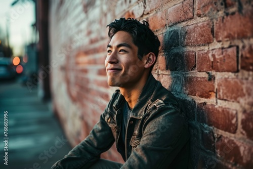 young handsome asian hipster man in urban background, lifestyle people concept photo