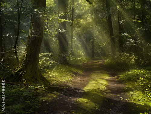 A serene trail through lush woods with sunbeams casting a gentle glow on the foliage and path