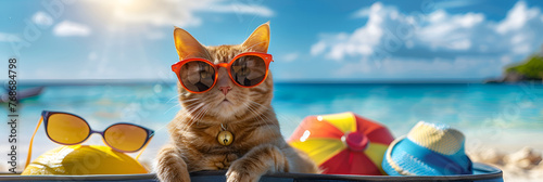 Cat wearing sunglasses on sea beach funny pet with cocktail on vacation.