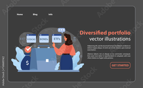 Diversified portfolio presentation with a businesswoman analyzing. Flat vector illustration.