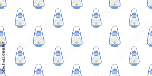 Seamless pattern with vector kerosene lamp on white background. Vintage lantern cartoon graphic