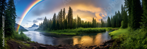 The Majestic Beauty of Nature: Focal Point End of the Rainbow Over a Tranquil River and Wild Forest