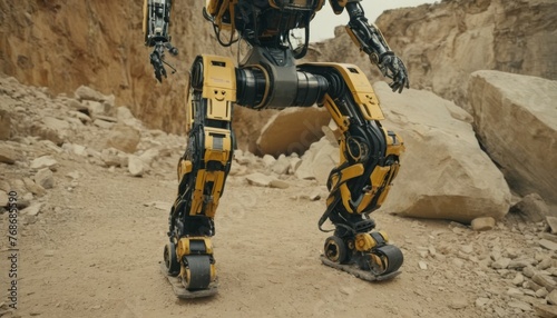 A sophisticated bipedal robot navigates a rocky desert landscape, showcasing advanced locomotion technology suitable for challenging environments.