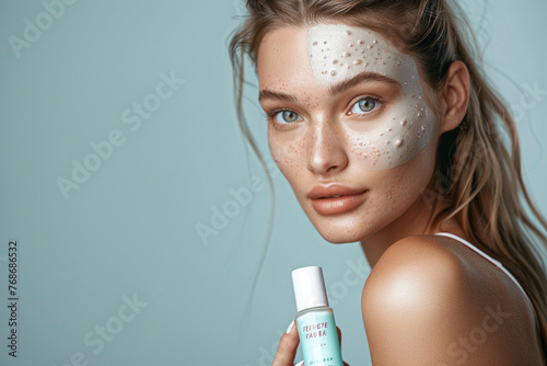 A confident model promoting a blemish-fighting gel, her clear, blemish-free skin a testament to the product's effectiveness. full ultra hd, high resolution