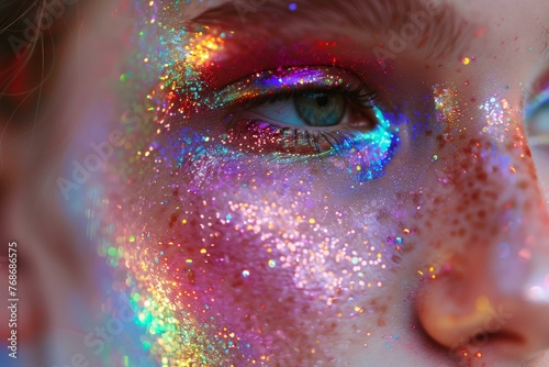 holographic makeup, glittering under natural light, reflecting the beauty trend of ethereal and otherworldly looks