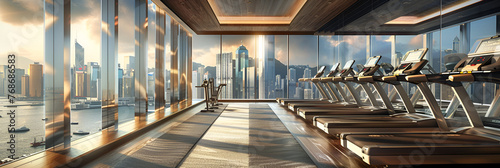 A modern fitness center interior with a glass  wall mockup,Sleek Gym Environment with Glass Wall Presentation. 