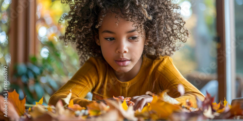 Young girl with curly hair concentrating on crafting with autumn leaves on a well-lit wooden table photo