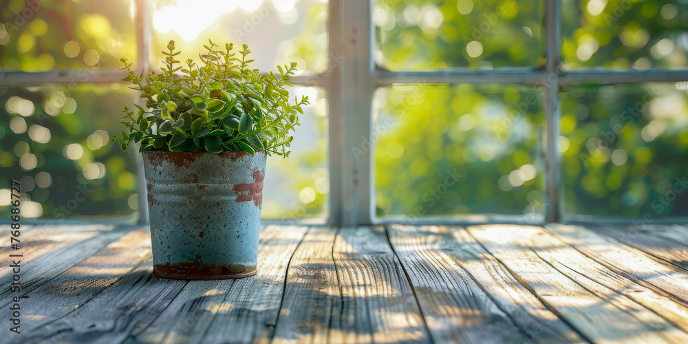 Weathered white wood table surface with a blurred background highlighting a metal pot with a greenhouse plant by a bright window