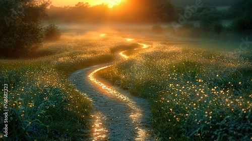 A path through a forest of green grass, with soft early morning sunlight casting a serene landscape