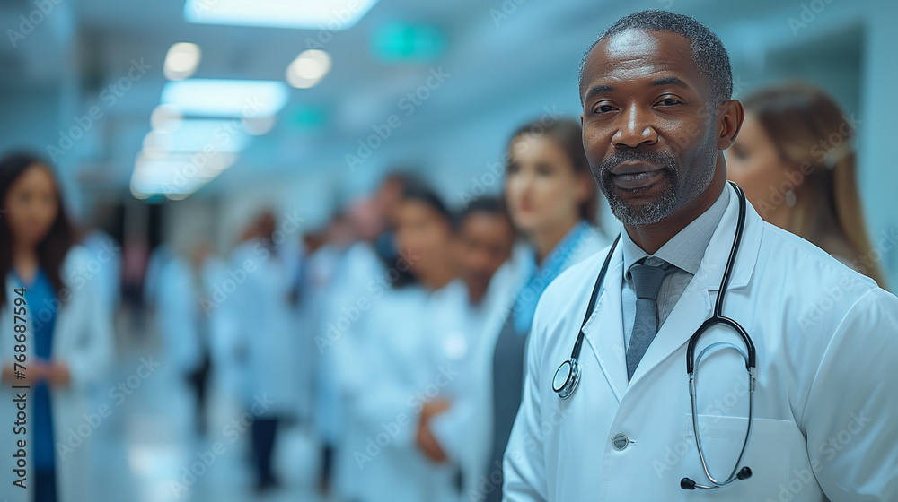 In the bustling halls of a modern hospital, a senior doctor confers with a group of attentive interns, their white coats contrasting against the polished floors, as they discuss co In the bustling halls of a modern hospital, a senior doctor confers with a group of attentive interns, their white coats contrasting against the polished floors, as they discuss co