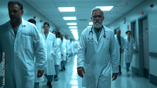 In the bustling halls of a modern hospital, a senior doctor confers with a group of attentive interns, their white coats contrasting against the polished floors, as they discuss co