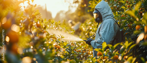A farmer, clad in protective clothing and wielding advanced spraying equipment, applies eco-friendly pesticides, safeguarding both crops and nature