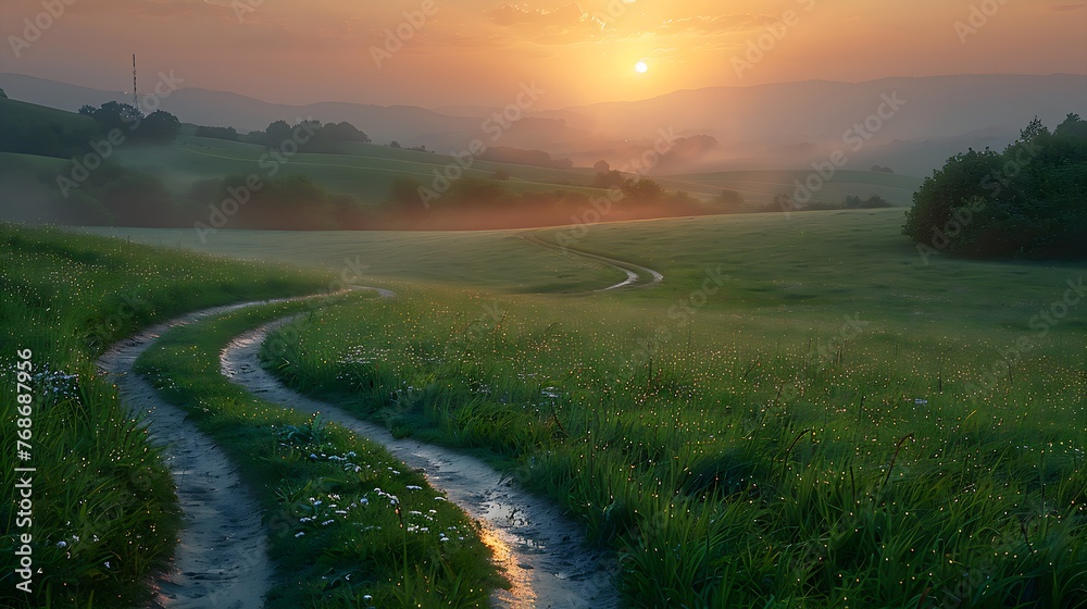 A path through a forest of green grass, with soft early morning sunlight casting a serene landscape