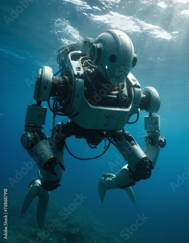 A cutting-edge underwater robot with mechanical arms and propellers navigates the clear blue ocean, showcasing technology's reach in marine exploration. © video rost
