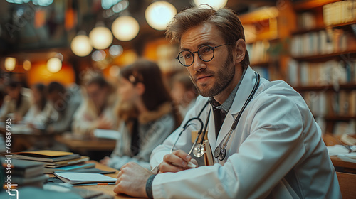 Surrounded by shelves of medical textbooks, a knowledgeable doctor imparts wisdom to a group of attentive interns in a university lecture hall, their notepads filled with scribbled