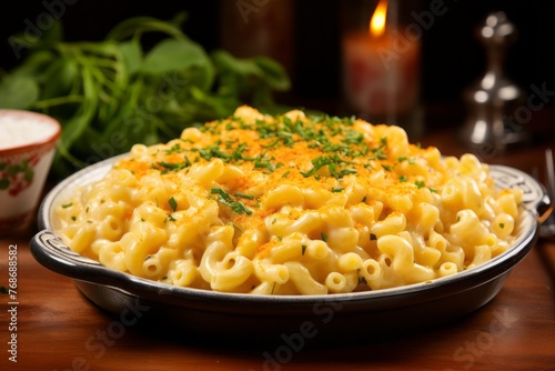 Juicy macaroni and cheese on a porcelain platter against a colorful tile background
