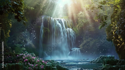 Enchanting forest with cascading waterfalls, depicting a magical atmosphere.