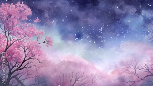 Hand drawn beautiful watercolor illustration of peach blossoms blooming outdoors at spring night 