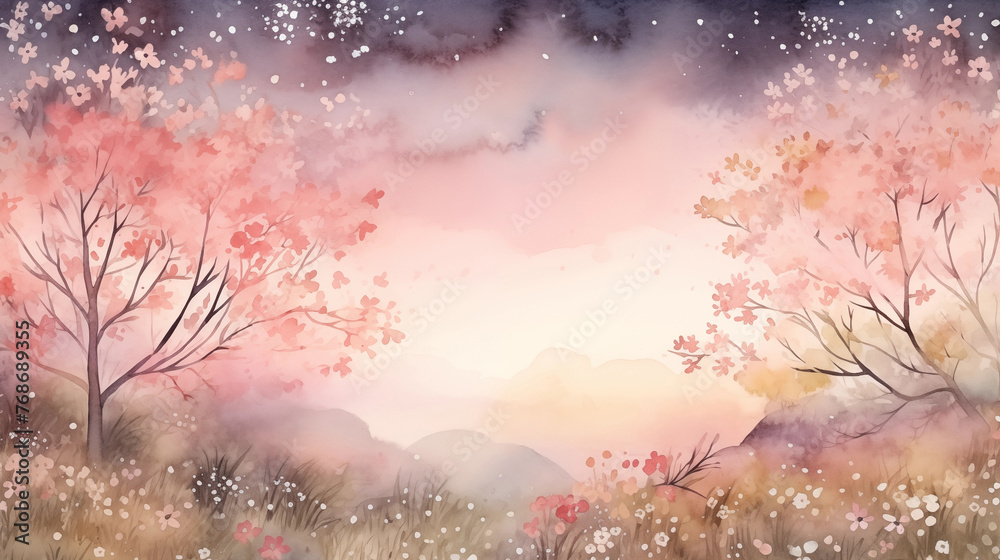 Hand drawn beautiful watercolor illustration of peach blossoms blooming outdoors at spring night
