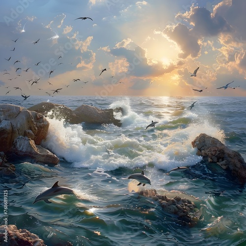 The sea has waves hitting the rocks. The sun is about to peek over the horizon. Soft sunlight hits the water surface, turning it into a blue-green color. Flocks of birds fly to catch fish to eat. The 