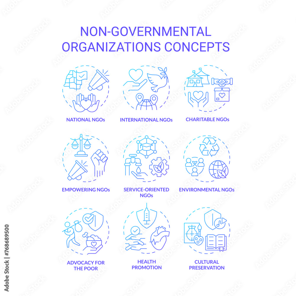 Non-governmental organizations blue gradient concept icons. Fighting for human rights. Social justice. Humanitarian aid. Icon pack. Vector images. Round shape illustrations. Abstract idea