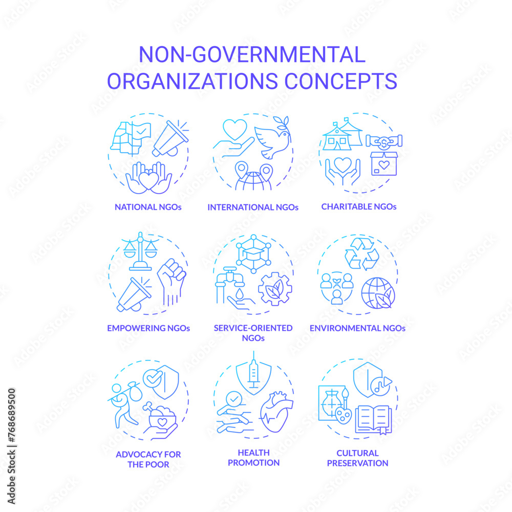 Non-governmental organizations blue gradient concept icons. Fighting for human rights. Social justice. Humanitarian aid. Icon pack. Vector images. Round shape illustrations. Abstract idea Non-governmental organizations blue gradient concept icons. Fighting for human rights. Social justice. Humanitarian aid. Icon pack. Vector images. Round shape illustrations. Abstract idea
