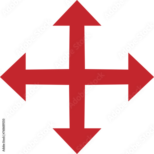 Four way red arrows icon. Editable vector illustration stroke. Transparent background.