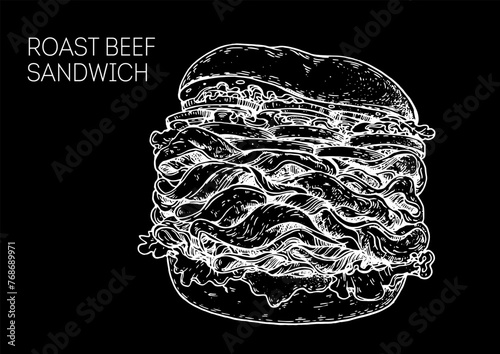 Roast beef sandwich sketch. Hand drawn vector illustration. not AI