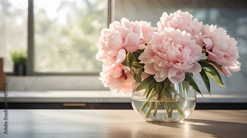 Fototapeta Naklejka Na Ścianę i Meble -  a bouquet of peonies in a glass vase on the table