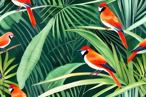 Tropical pattern with rainforest plants and birds like leaves  fruits and flowers.