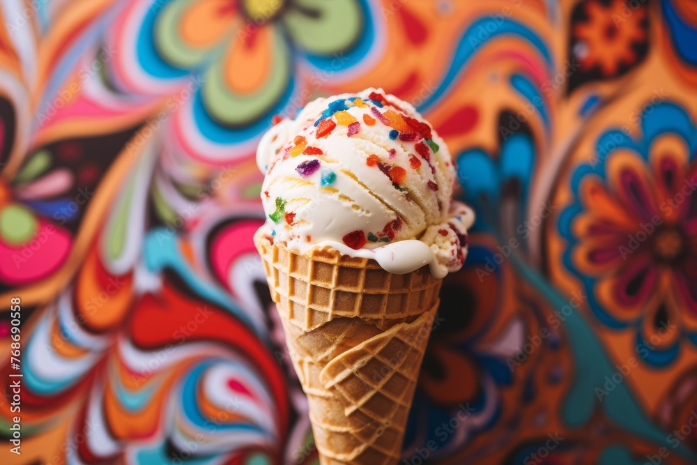Juicy ice cream on a wooden board against a colorful tile background Juicy ice cream on a wooden board against a colorful tile background