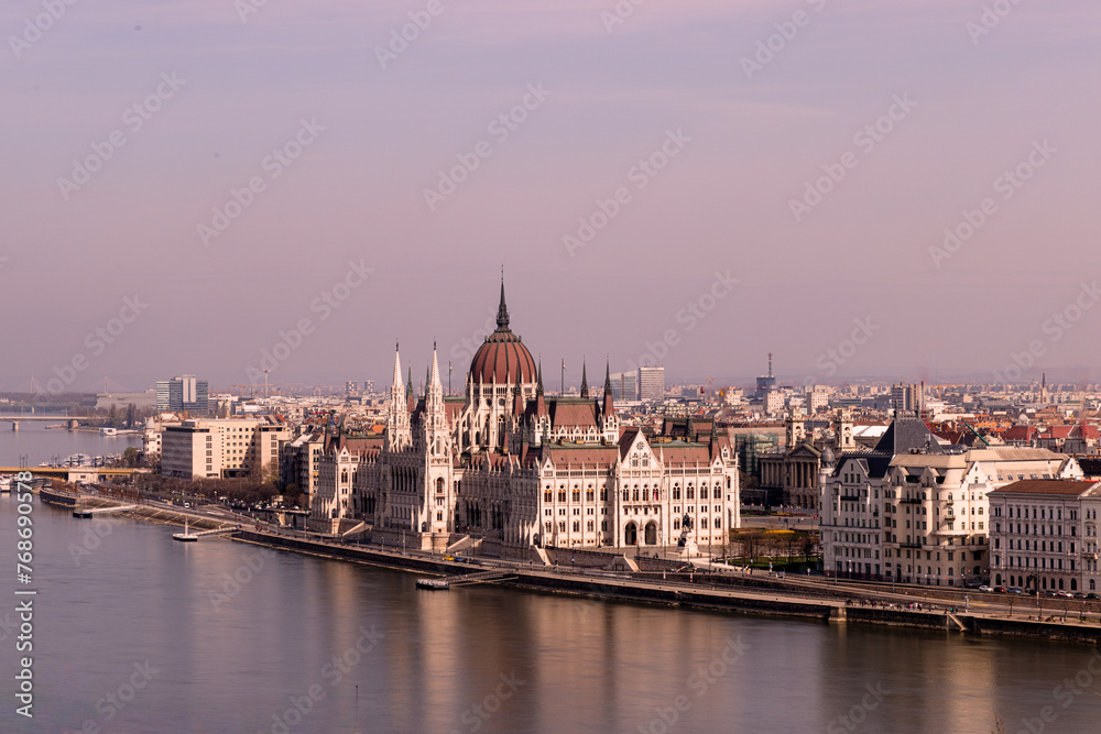 View across the river Danube from The Palace on Castle Hill in Buda, Hungary View across the river Danube from The Palace on Castle Hill in Buda, Hungary