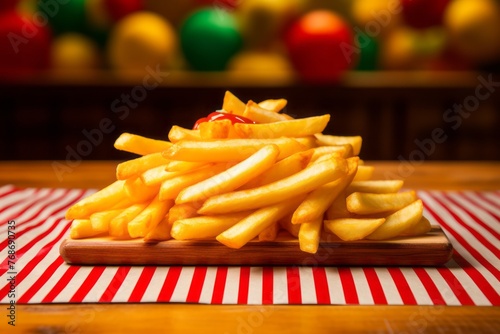 Juicy french fries on a wooden board against a colorful tile background