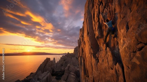 Adventurous man is standing on top of the mountain and enjoying the beautiful view during a vibrant sunset.