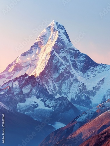 Snowy mountain peak, clear sky, sunrise lighting, telephoto lens8K