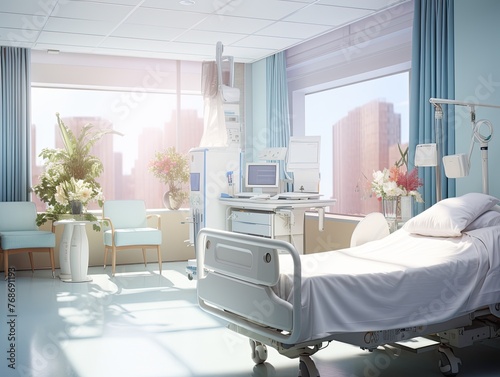 Empty hospital room with bed. Hospital ward  health care.