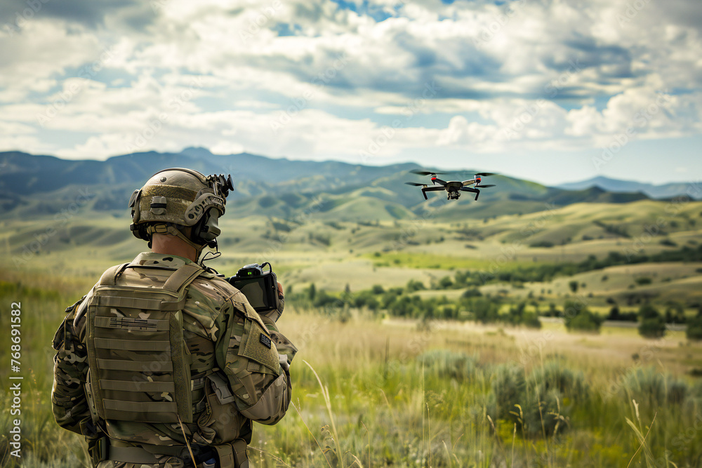 A soldier uses a drone for reconnaissance during a military operation