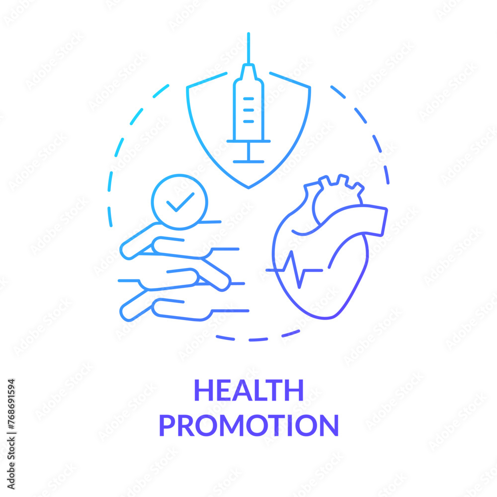 Health promotion blue gradient concept icon. Disease prevention. Public health. Preventive medicine. Role of NGO. Round shape line illustration. Abstract idea. Graphic design. Easy to use in article Health promotion blue gradient concept icon. Disease prevention. Public health. Preventive medicine. Role of NGO. Round shape line illustration. Abstract idea. Graphic design. Easy to use in article